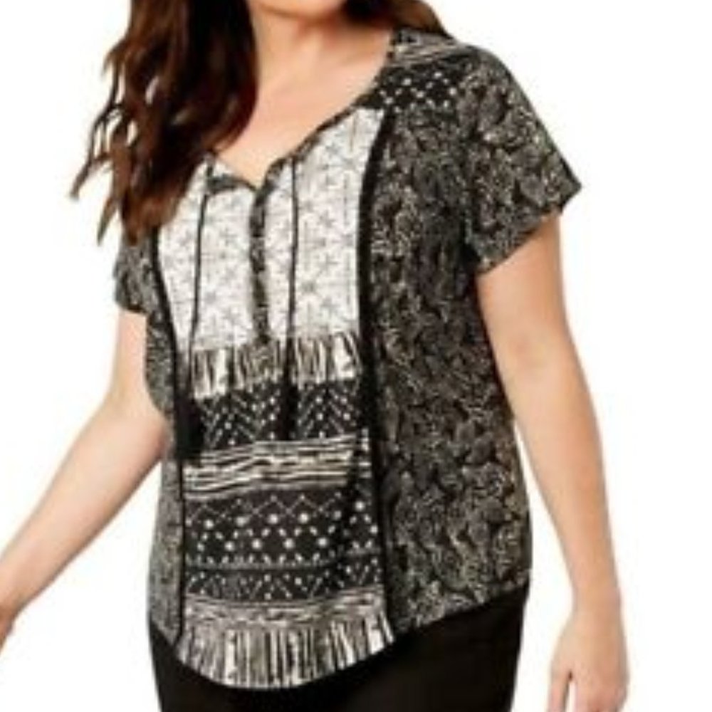 Bohemian Women's Plus Blouse Top Aztec Short Sleeve Tassels High Low Womens 1X